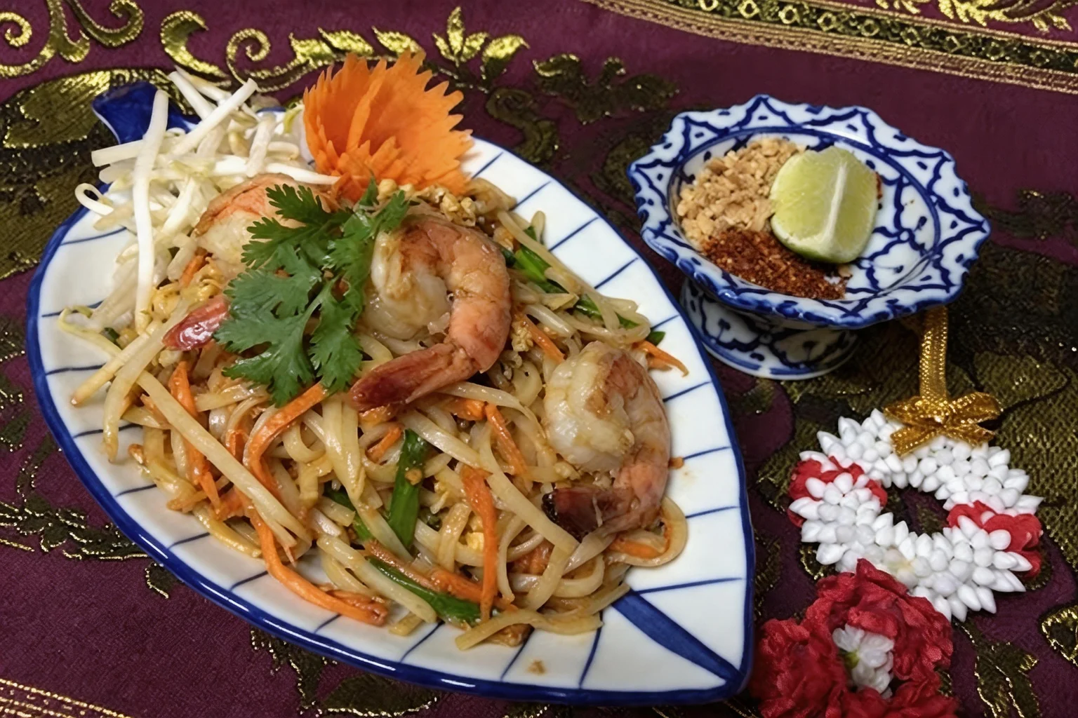 Phad Thaï Khung dans une assiette bleu et blanc en forme de feuille, petite coupe bleu et blanc et guirlande de fleurs sur une nappe violette et or